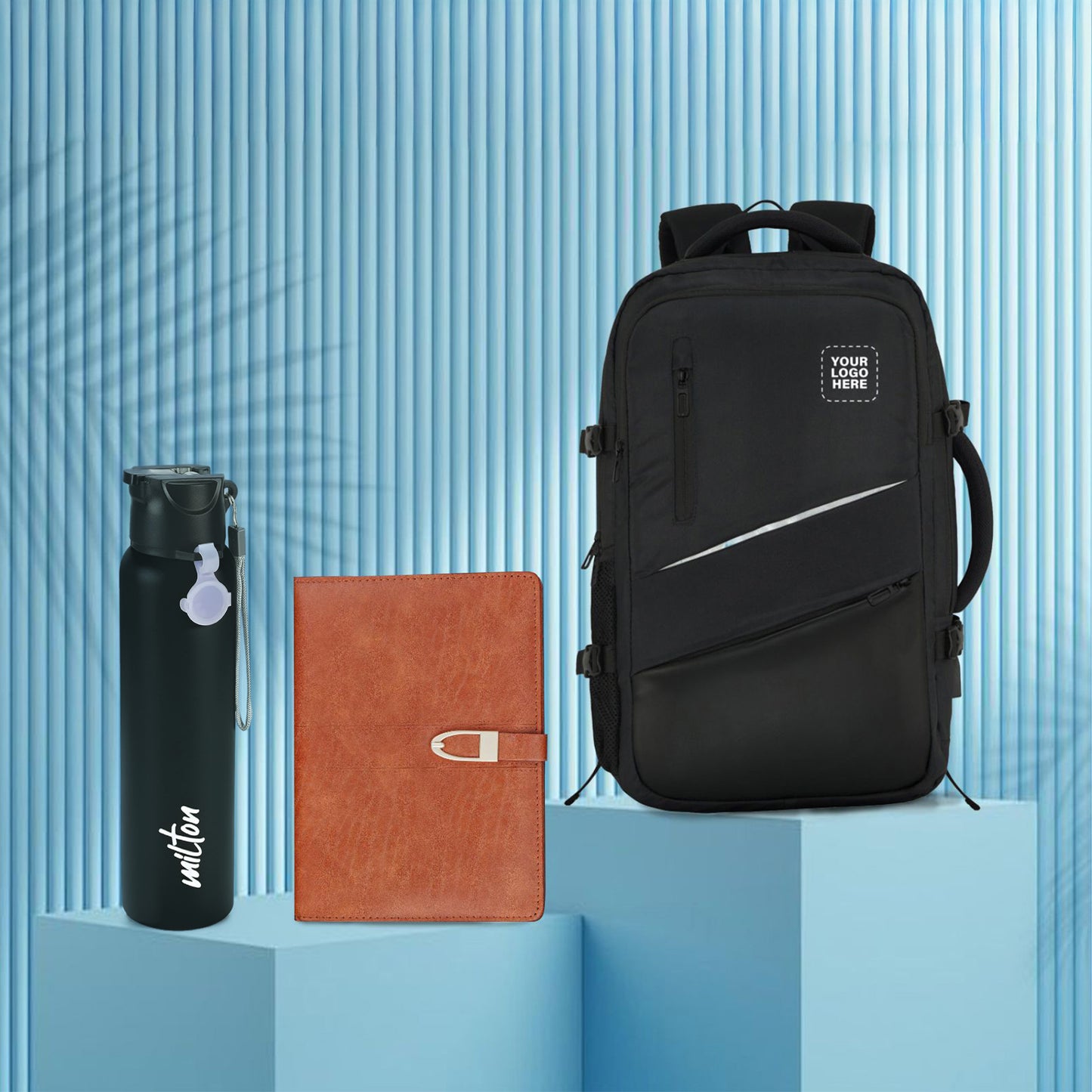 Premium Corporate Gifting Combo – Custom Logo Laptop Backpack, Executive Notebook & Milton Bottle