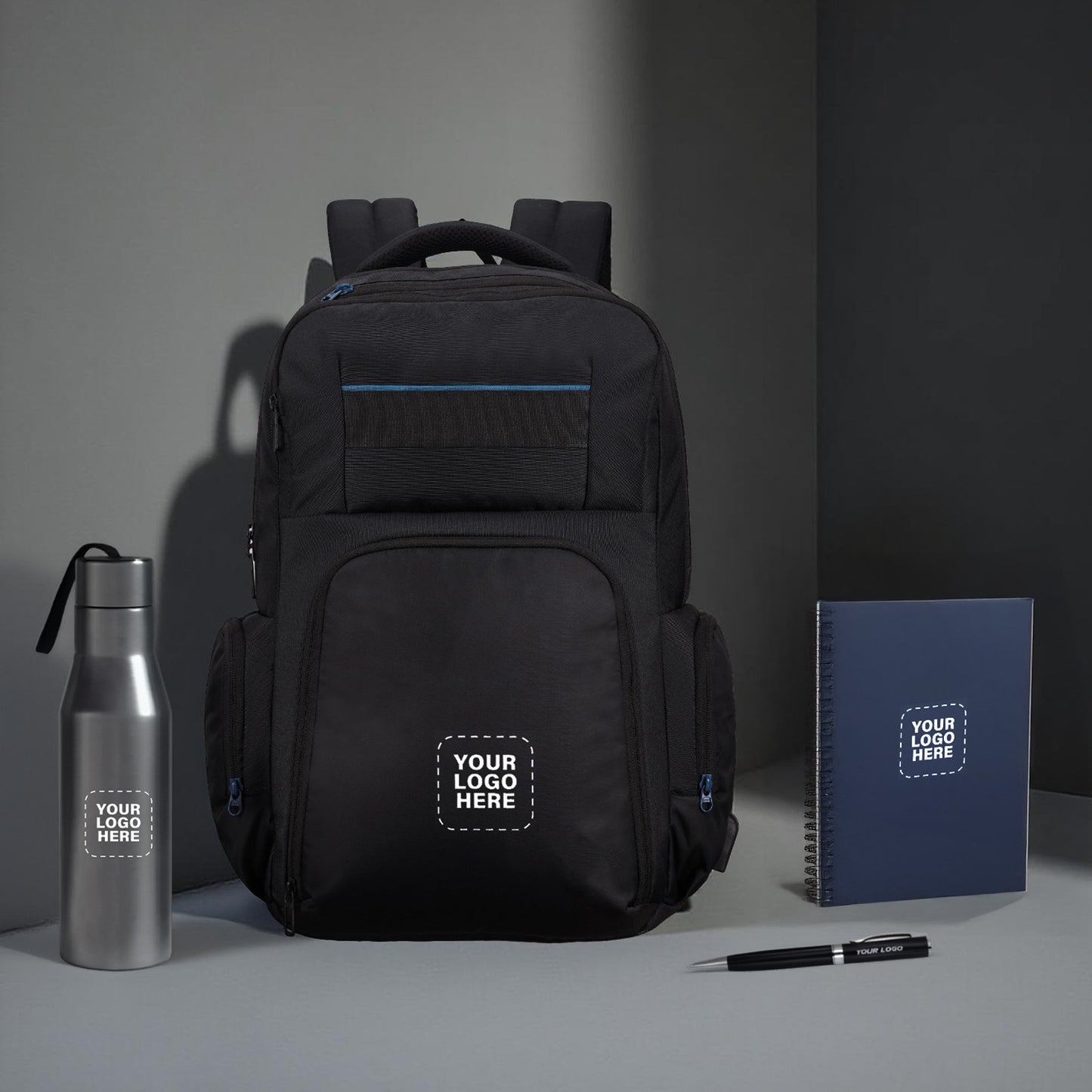 Gifting Combo Set – Backpack, Metal Bottle, Notebook & Pen (Custom Logo)