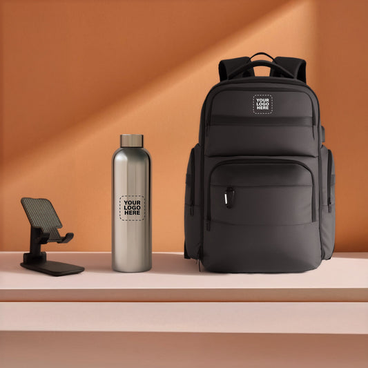 Urban Tech Essentials Combo – Custom Logo Backpack, Stainless Steel Bottle & Mobile Stand