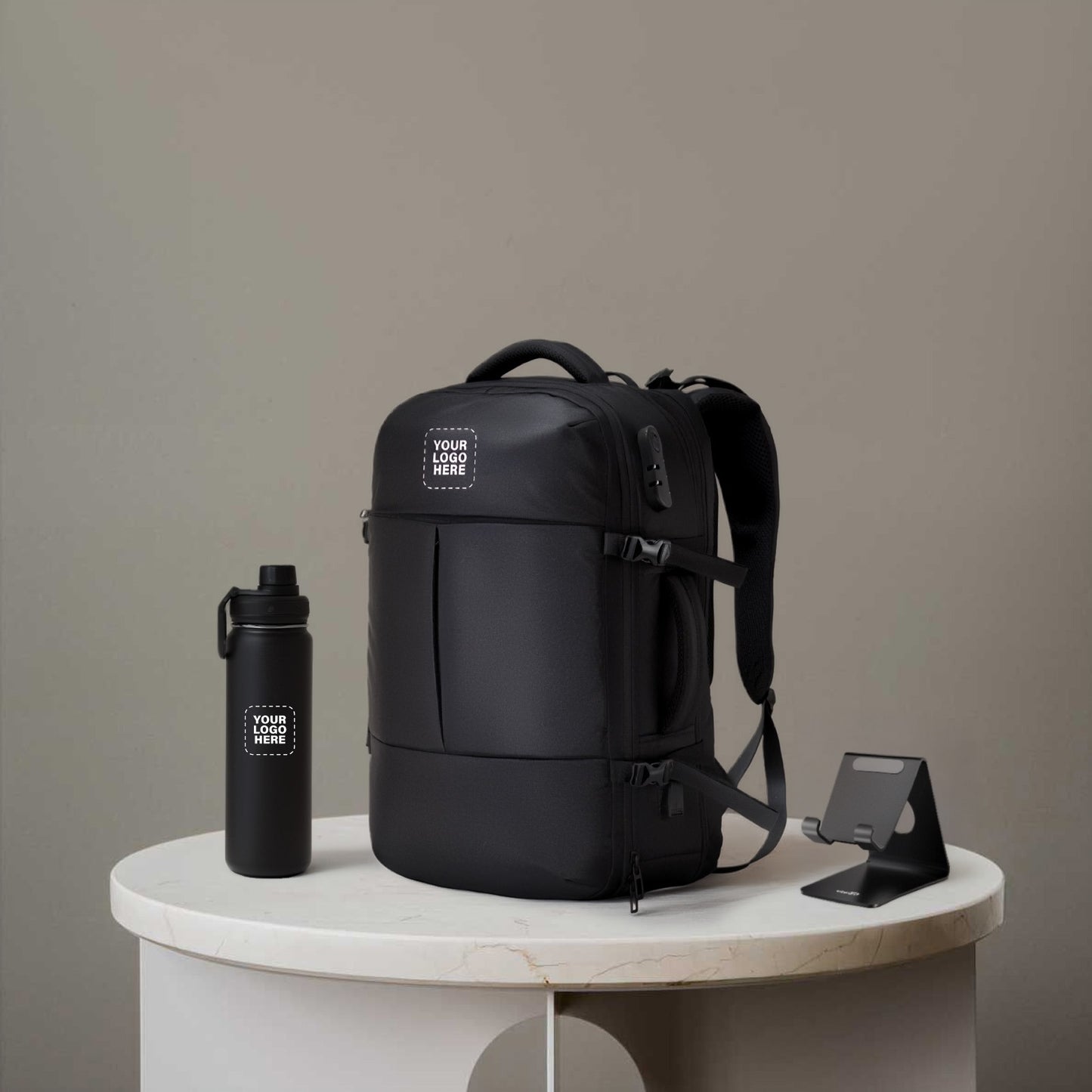 Executive Travel Essentials Combo – Custom Logo Backpack, Insulated Bottle & Mobile Stand