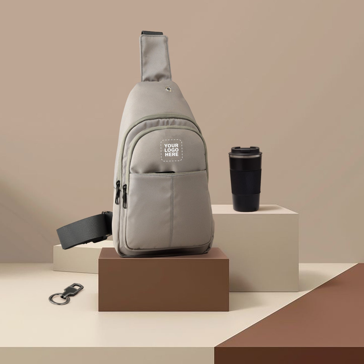Compact Essentials Corporate Set – Custom Logo Sling Bag, Thermal Tumbler & Keychain