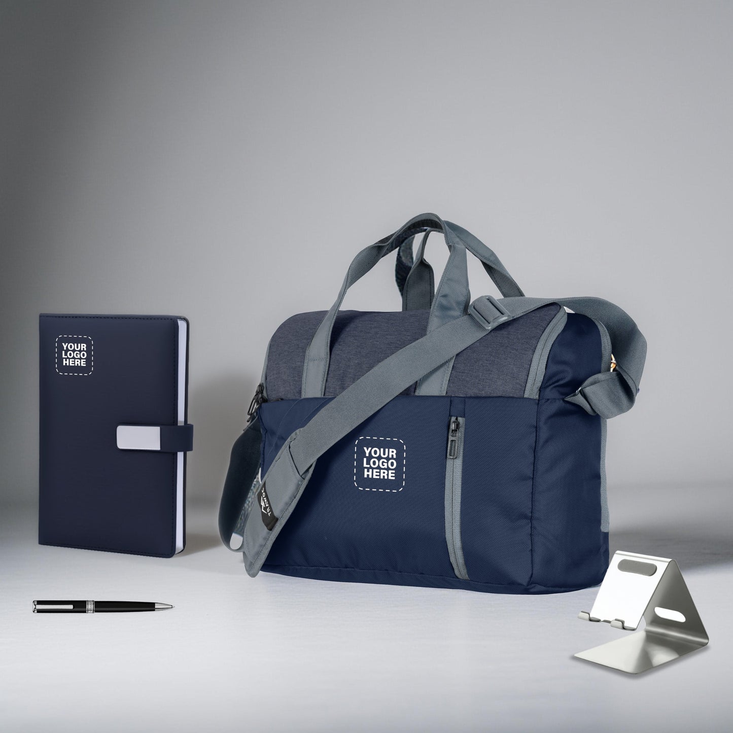Premium Office Travel Gift Set – Duffle Bag, Executive Diary, Pen & Metal Mobile Stand (Custom Branding)