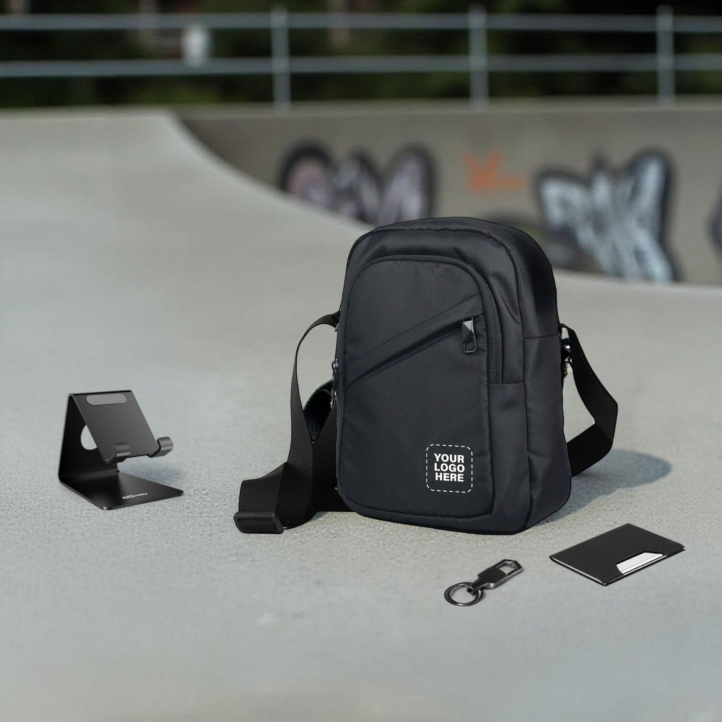 Smart Mobility Corporate Gift Set – Compact Crossbody Bag, Metal Mobile Stand, Keychain & Card Holder (Custom Branding)