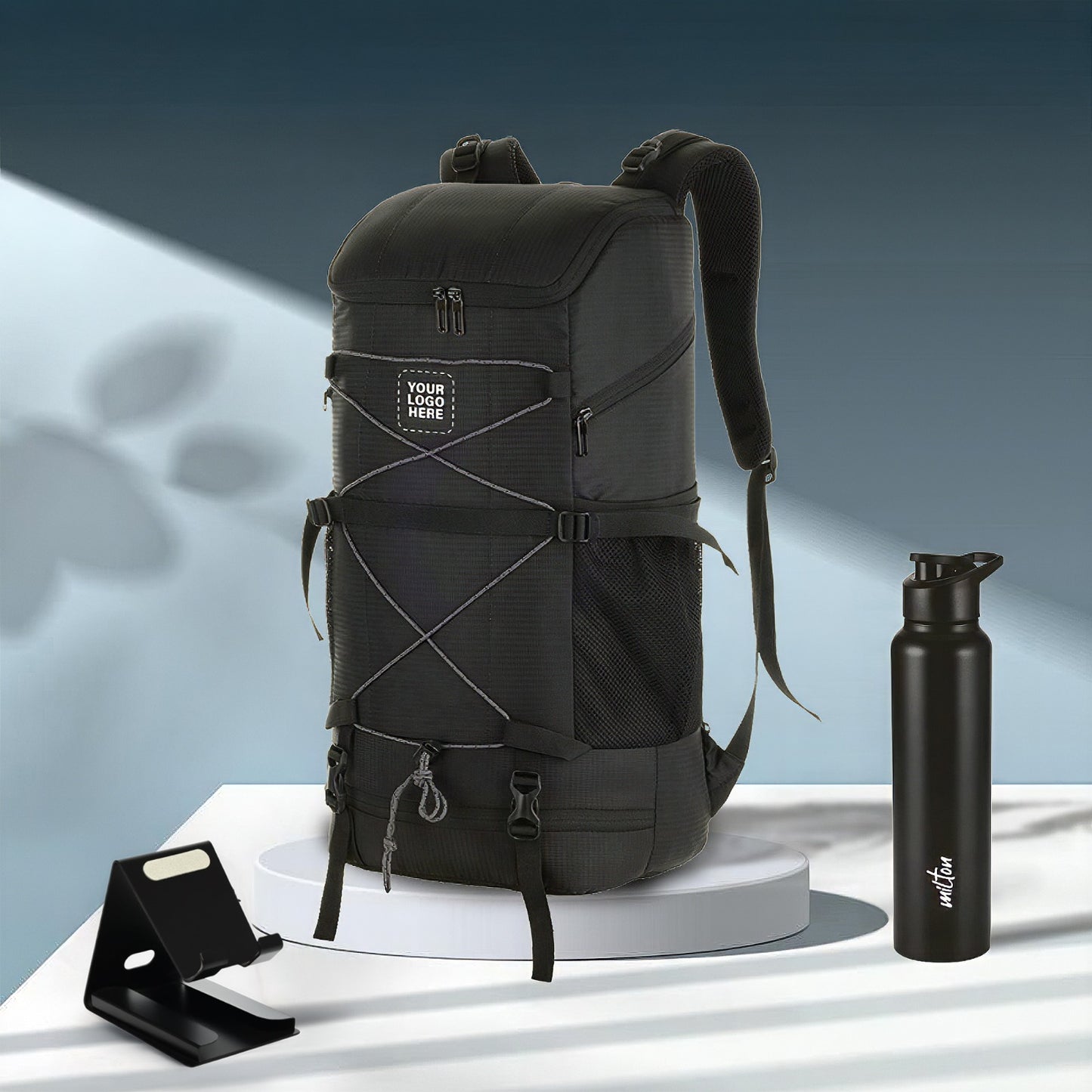 Corporate Gifting Combo Set – Logo-Branded Backpack, Milton Water Bottle & Mobile Holder