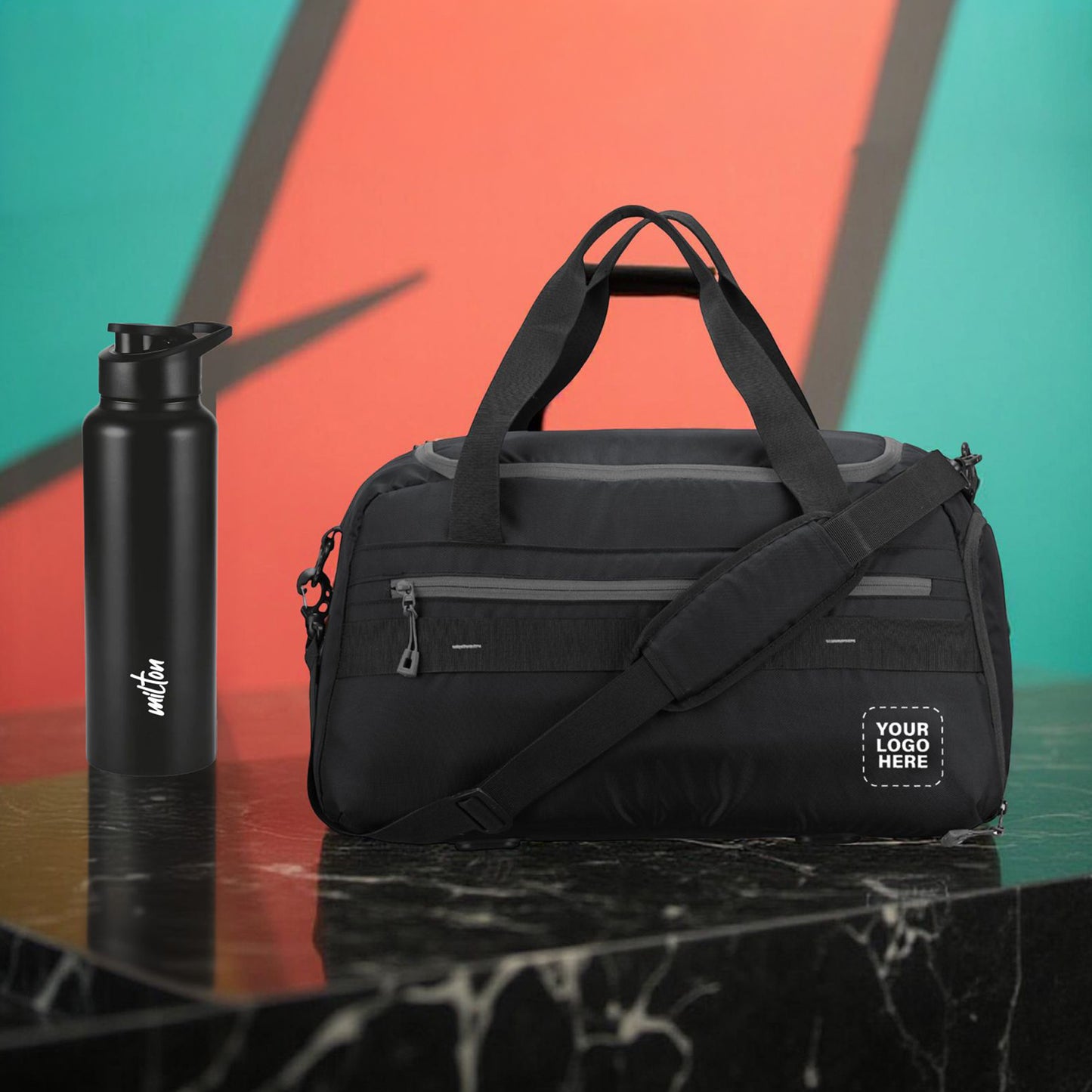 Branded Duffle Essentials Combo – Custom Logo Bag with Milton Steel Bottle