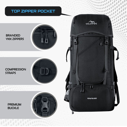 IGNITE 50 L travel Bag Front & Top Open Backpack with Rain Cover and Shoe Compartments