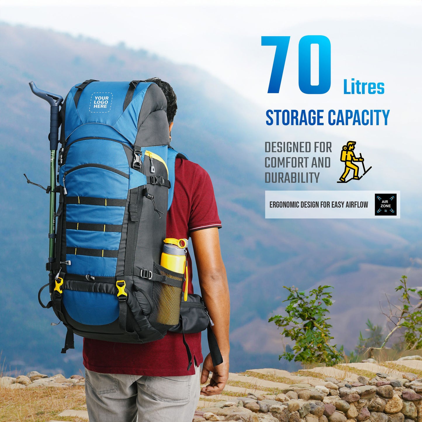 Skyranger 70 L Rucksack for Hiking & Travel with Ergonomic Shoulder Straps & Internal metal frame