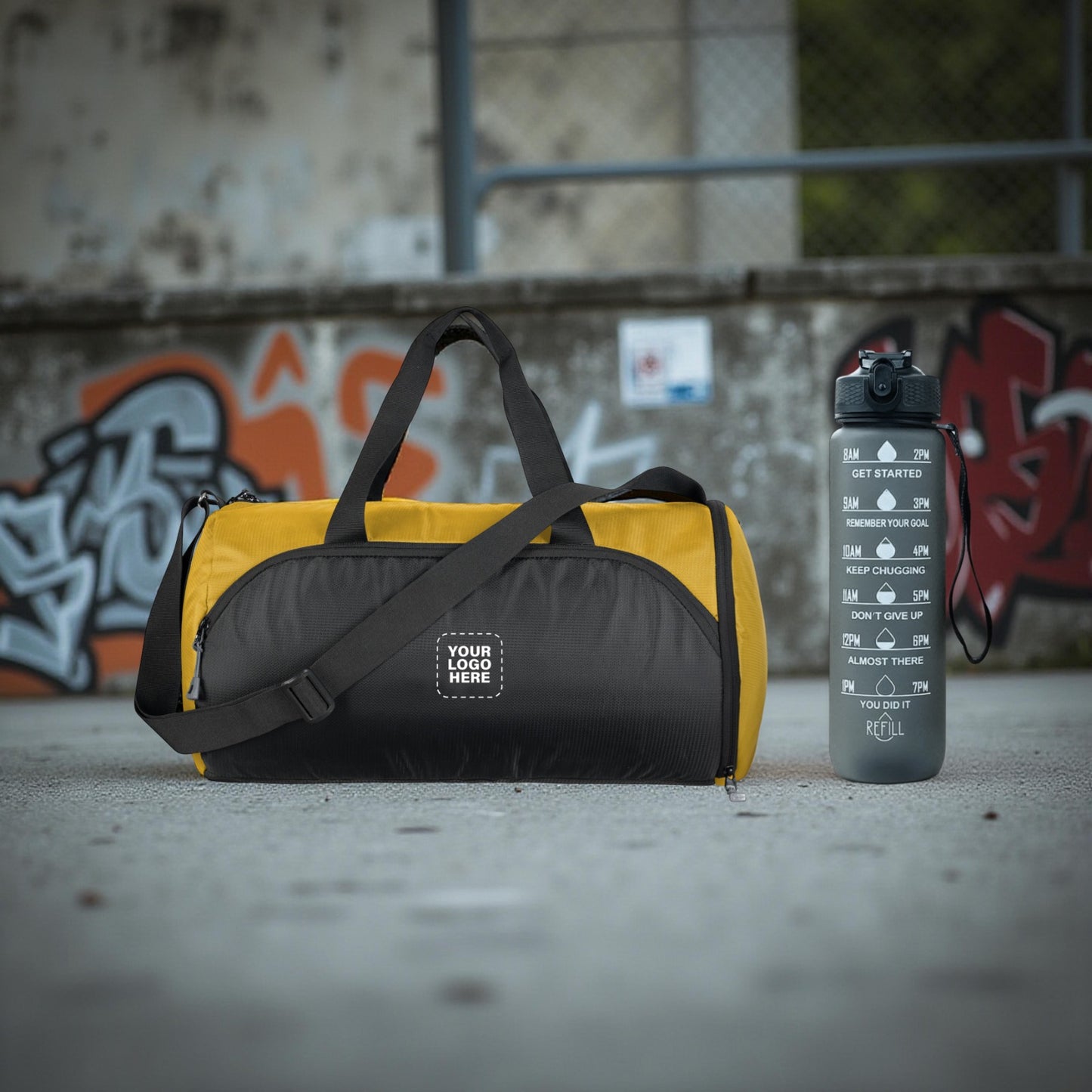 Active Lifestyle Gifting Combo – Custom Logo Sports Duffle Bag & Motivational Water Bottle