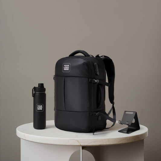 Executive Travel Essentials Combo – Custom Logo Backpack, Insulated Bottle & Mobile Stand