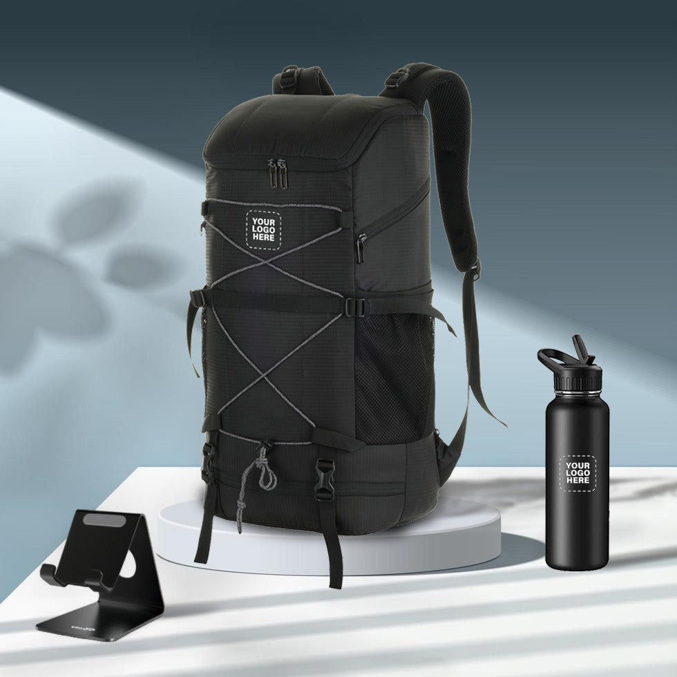 Outdoor Corporate Gifting Set – Custom Logo Trekking Backpack, Steel Bottle & Mobile Stand
