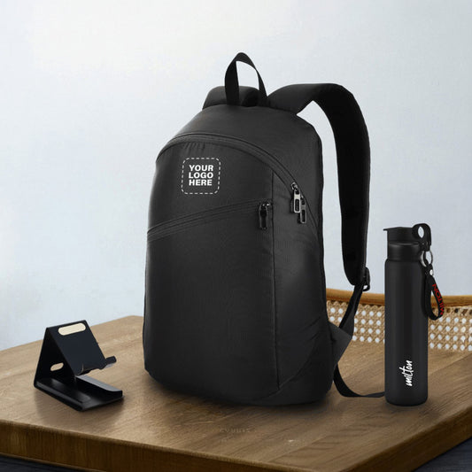 Corporate Gifting Combo Set – Logo-Branded Backpack, Milton Water Bottle & Mobile Holder