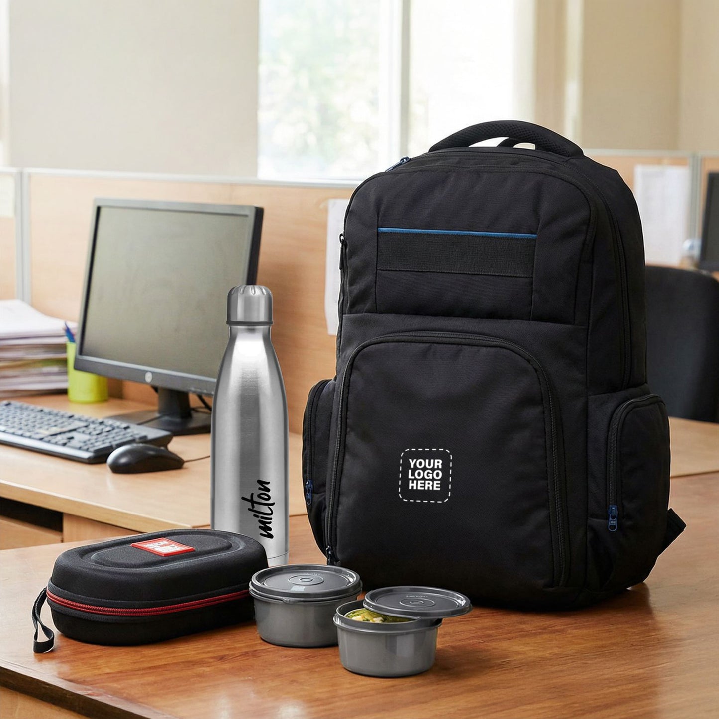 Corporate Daily Essentials Combo – Logo-Branded Backpack with Milton Bottle & Lunch Box Set