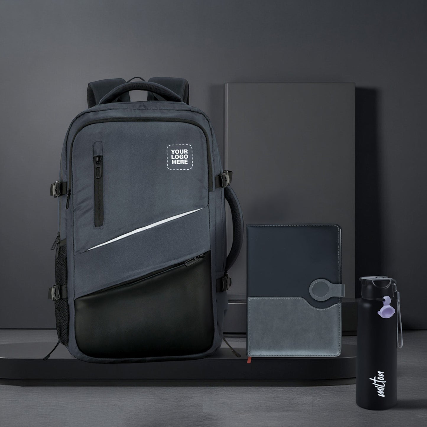 Modern Corporate Gifting Combo – Logo-Branded Laptop Backpack, Executive Notebook & Milton Bottle
